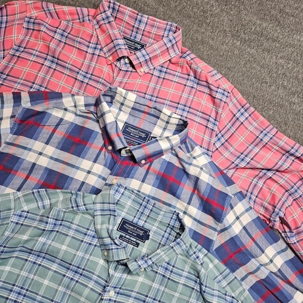 Vineyard Vines Button Down x3 Mens XB Pink Blue Green Plaid Cotton Linen Blend